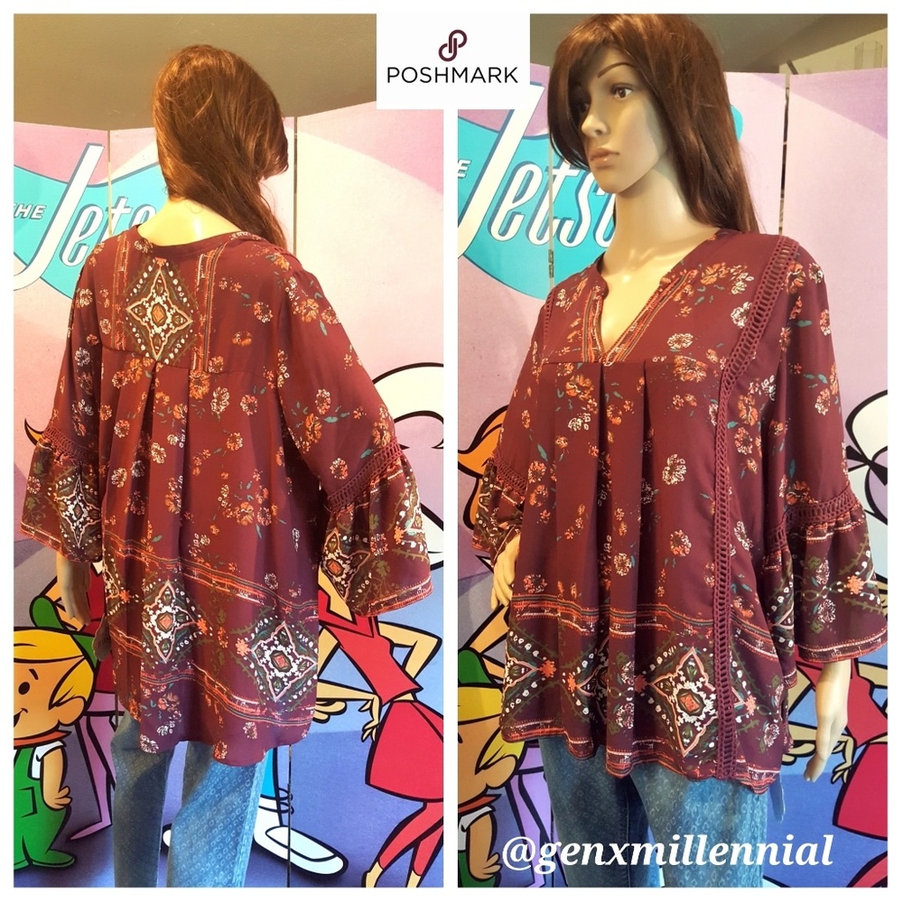 ⬇️ Boho Merlot 3/4 Bell Sleeve High-low Top